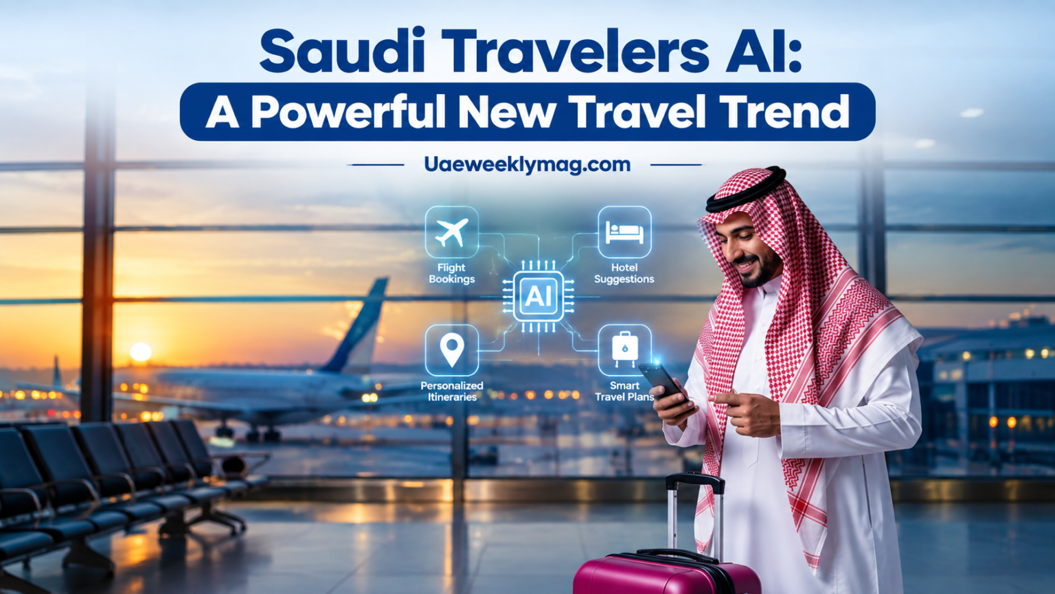 Saudi travelers AI using app to plan a flexible trip on a smartphone